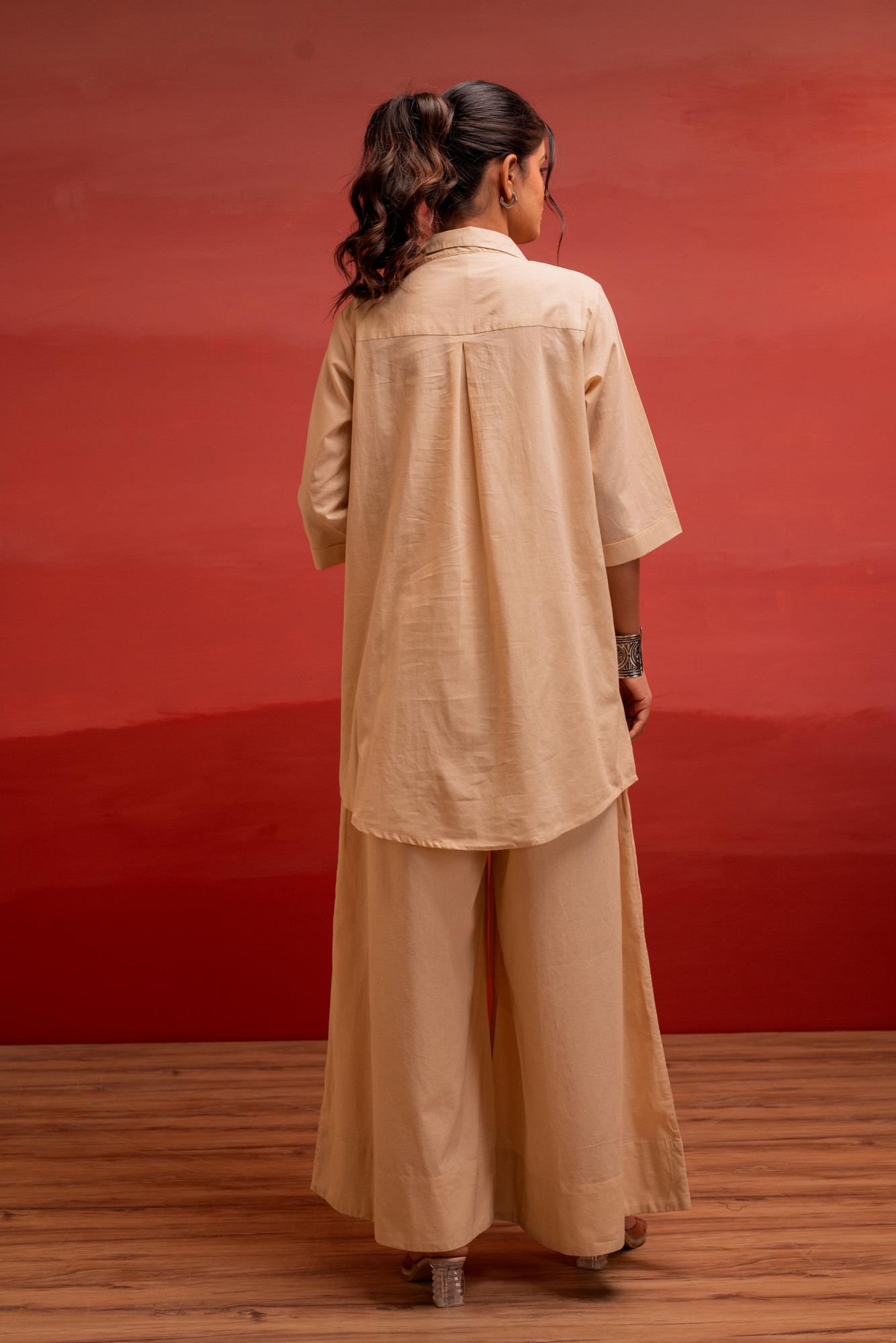 Beige Solid Cotton Shirt and Pants Co-ord Set with Thread Work