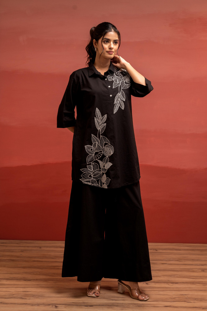 Black Solid Cotton Shirt and Pants Co-ord Set with Thread Work