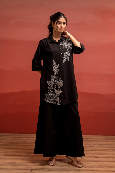 Black Solid Cotton Shirt and Pants Co-ord Set with Thread Work