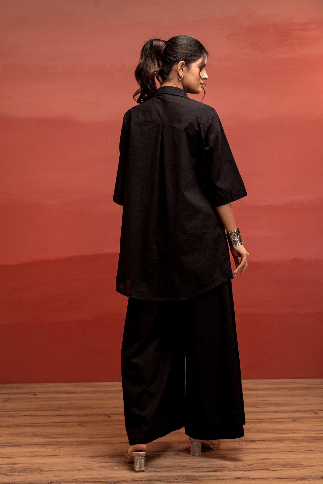 Black Solid Cotton Shirt and Pants Co-ord Set with Thread Work