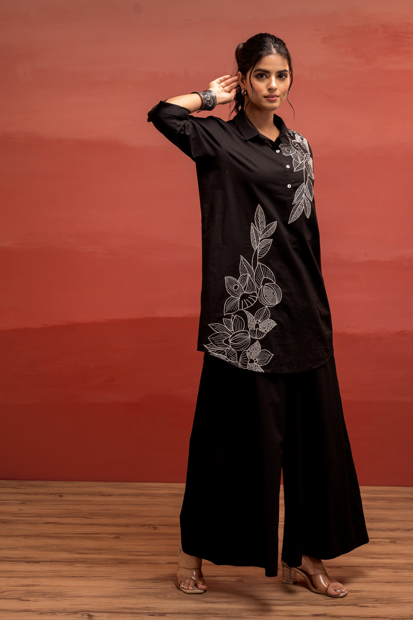 Black Solid Cotton Shirt and Pants Co-ord Set with Thread Work