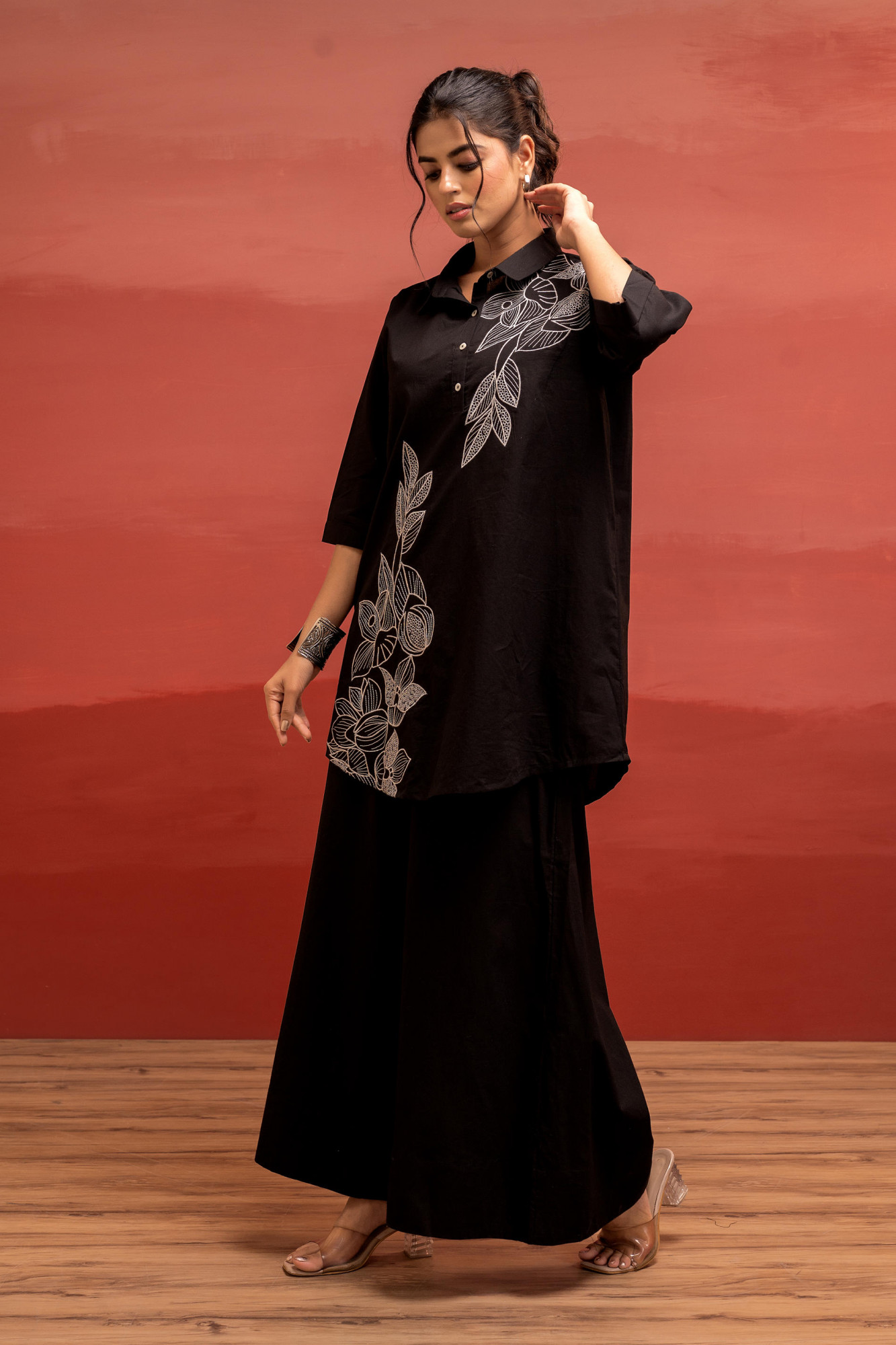 Black Solid Cotton Shirt and Pants Co-ord Set with Thread Work