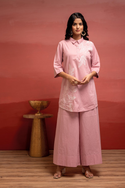 Onionpink Solid Cotton Shirt and Pants Co-ord Set with Thread Work