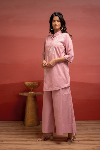 Onionpink Solid Cotton Shirt and Pants Co-ord Set with Thread Work