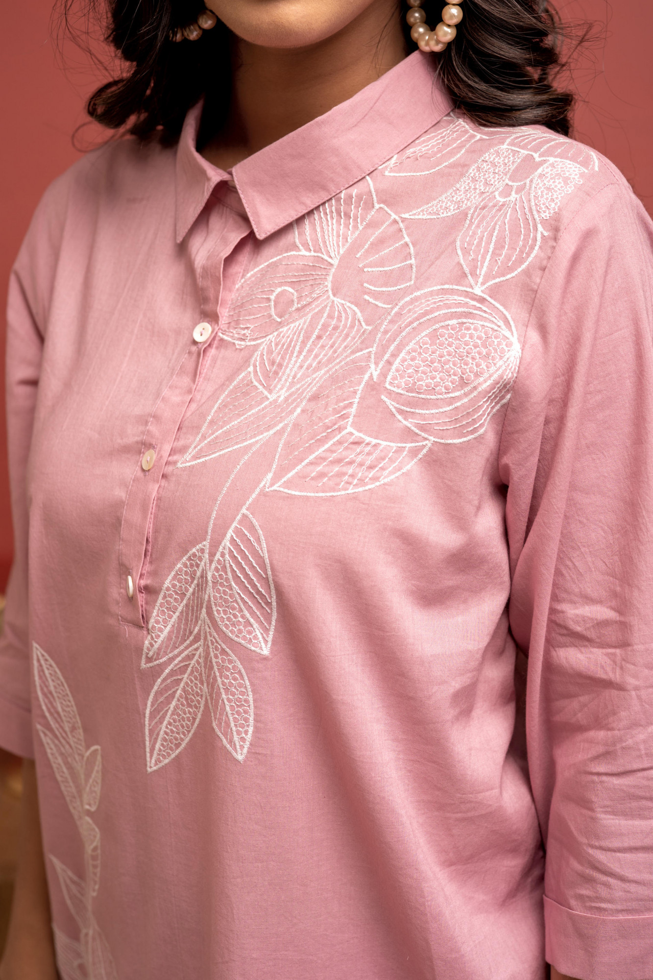 Onionpink Solid Cotton Shirt and Pants Co-ord Set with Thread Work