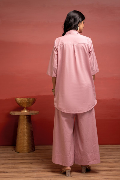 Onionpink Solid Cotton Shirt and Pants Co-ord Set with Thread Work