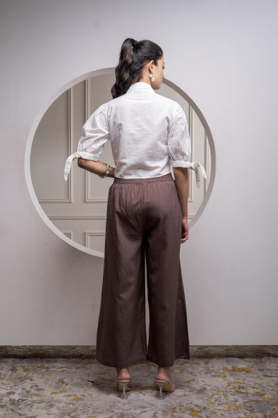 White & Brown Cotton-Viscose Embroidered Co-ord Set with Thread Work & Lace