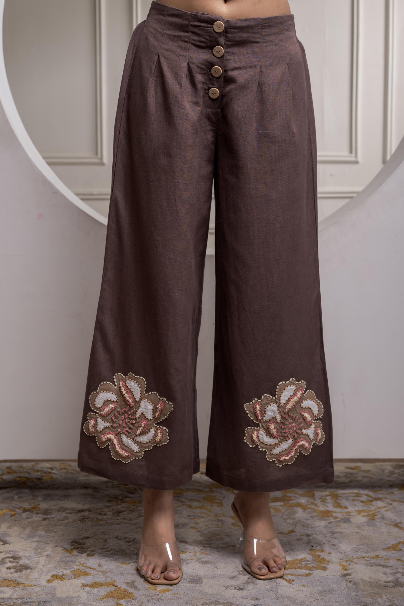 White & Brown Cotton-Viscose Embroidered Co-ord Set with Thread Work & Lace