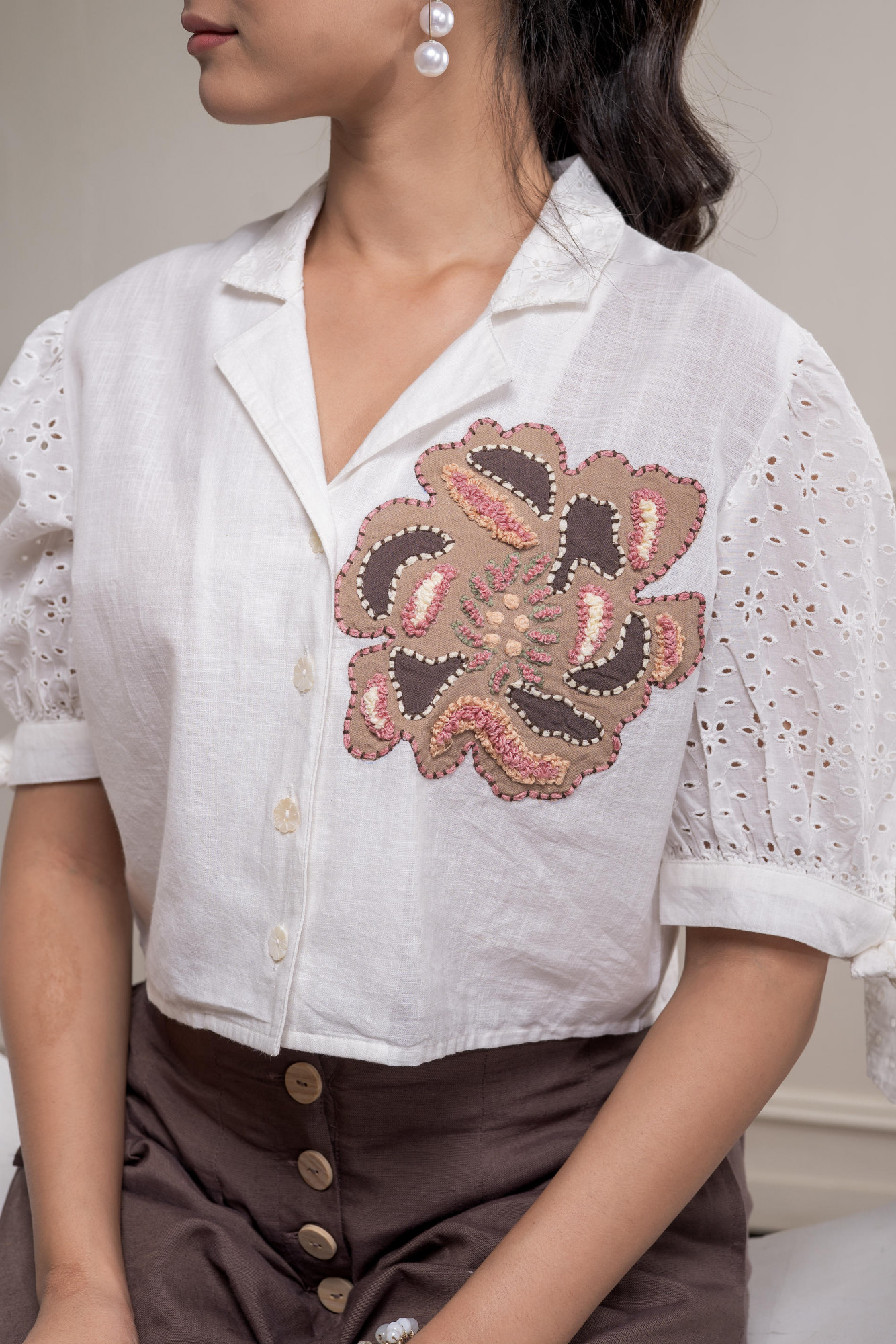 White & Brown Cotton-Viscose Embroidered Co-ord Set with Thread Work & Lace