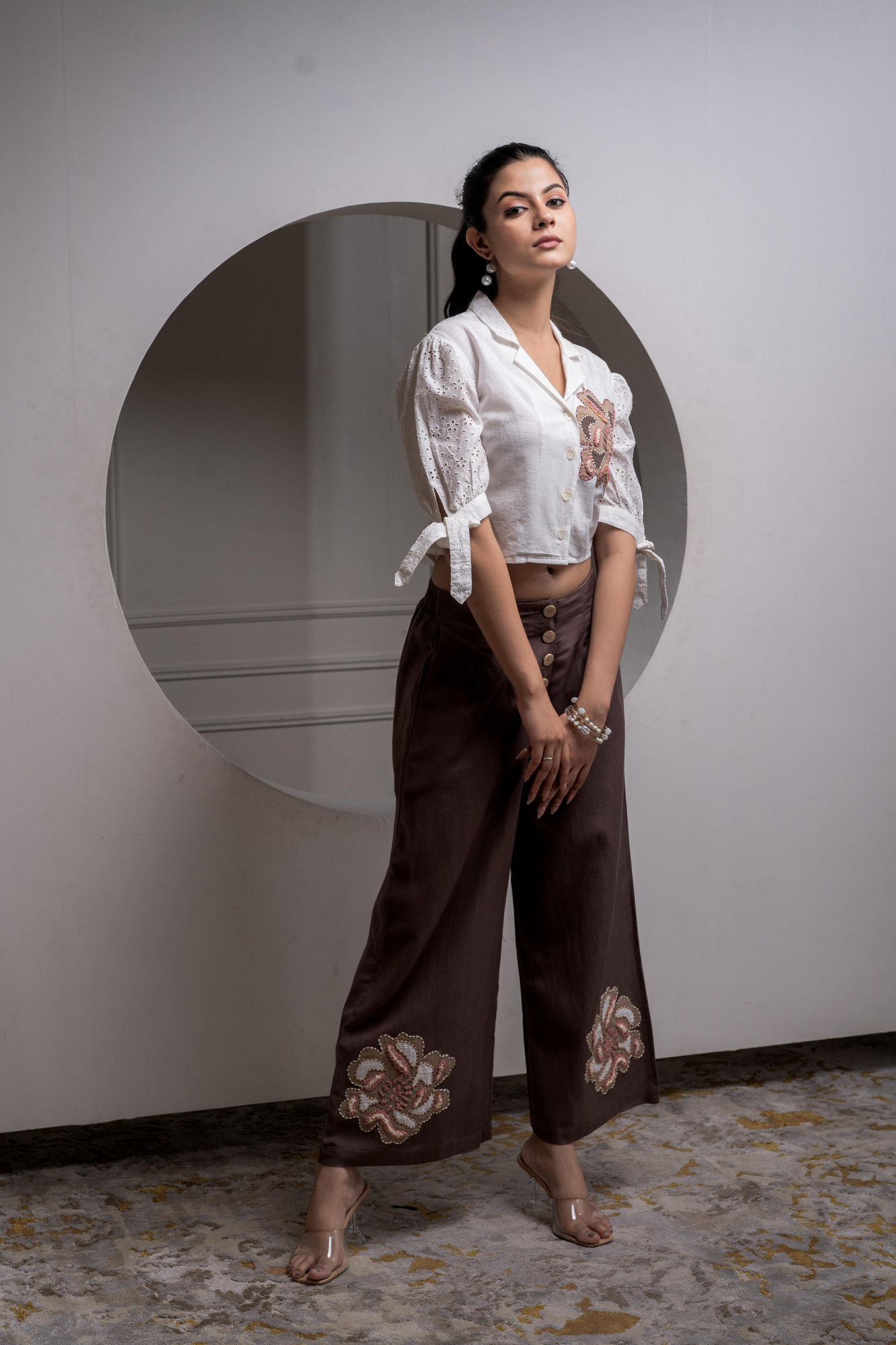 White & Brown Cotton-Viscose Embroidered Co-ord Set with Thread Work & Lace