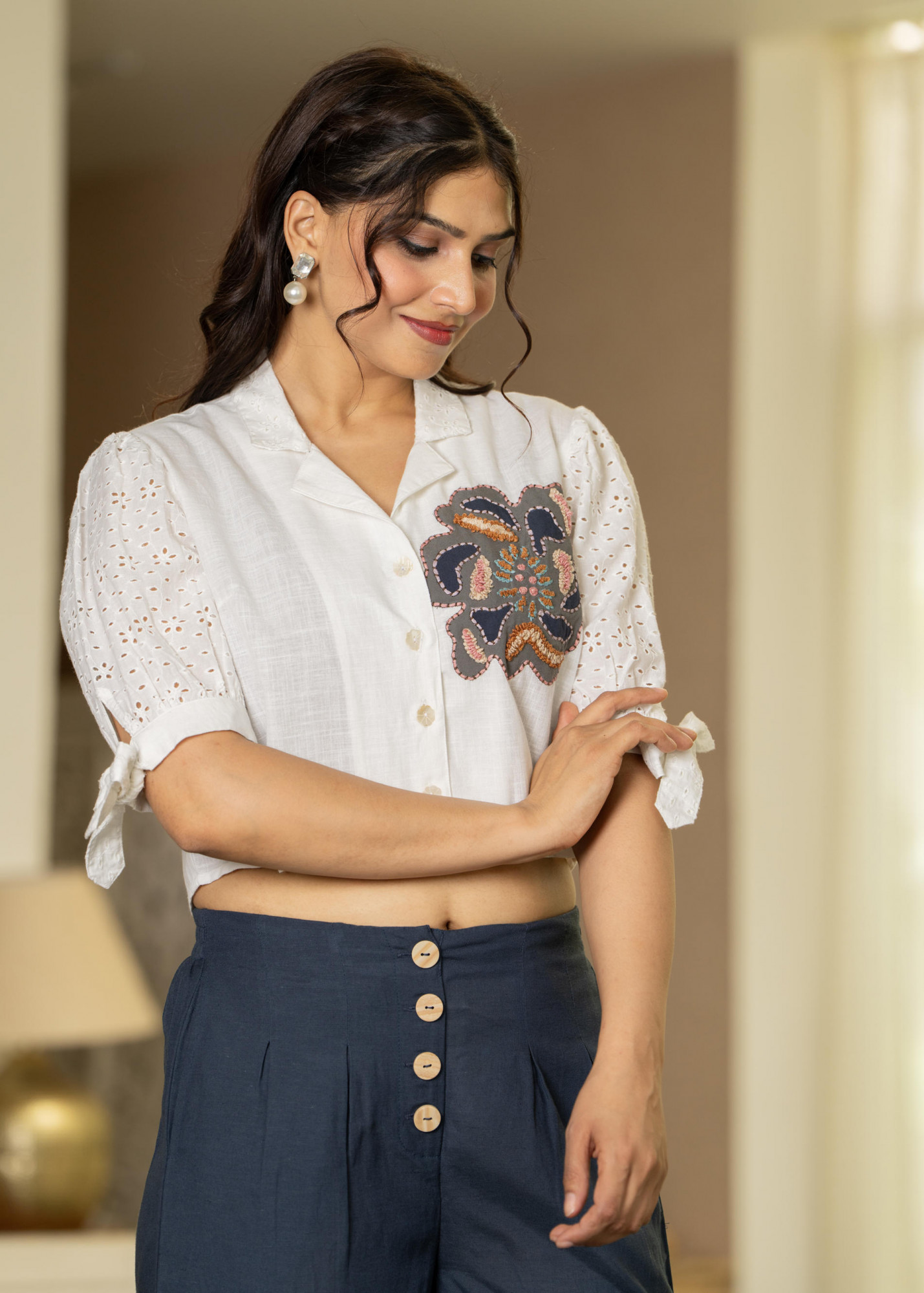 White & Teal Cotton-Viscose Embroidered Co-ord Set with Thread Work & Lace