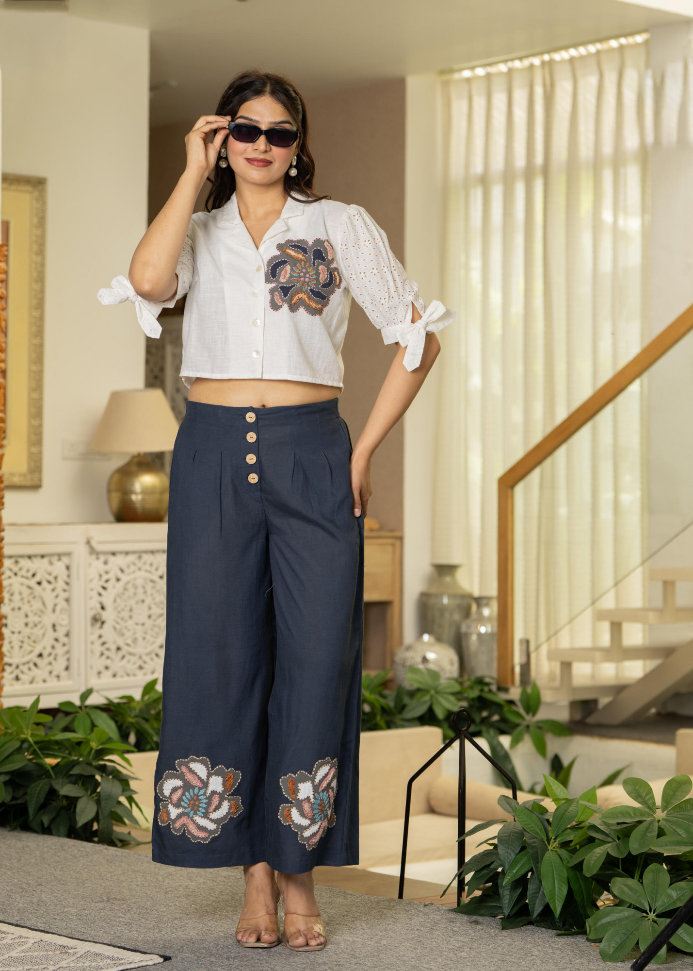 White & Teal Cotton-Viscose Embroidered Co-ord Set with Thread Work & Lace