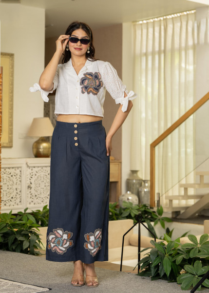 White & Teal Cotton-Viscose Embroidered Co-ord Set with Thread Work & Lace