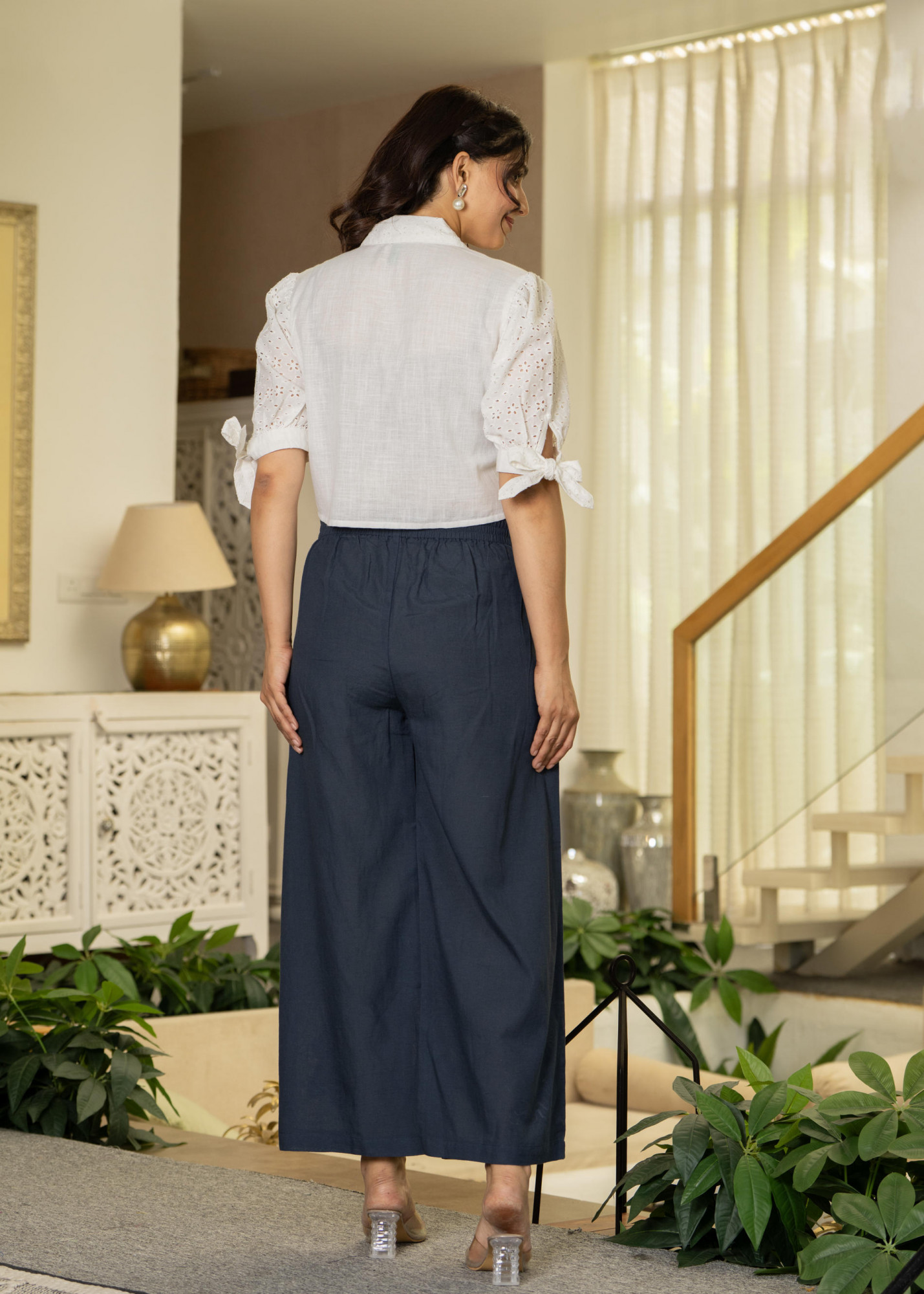 White & Teal Cotton-Viscose Embroidered Co-ord Set with Thread Work & Lace