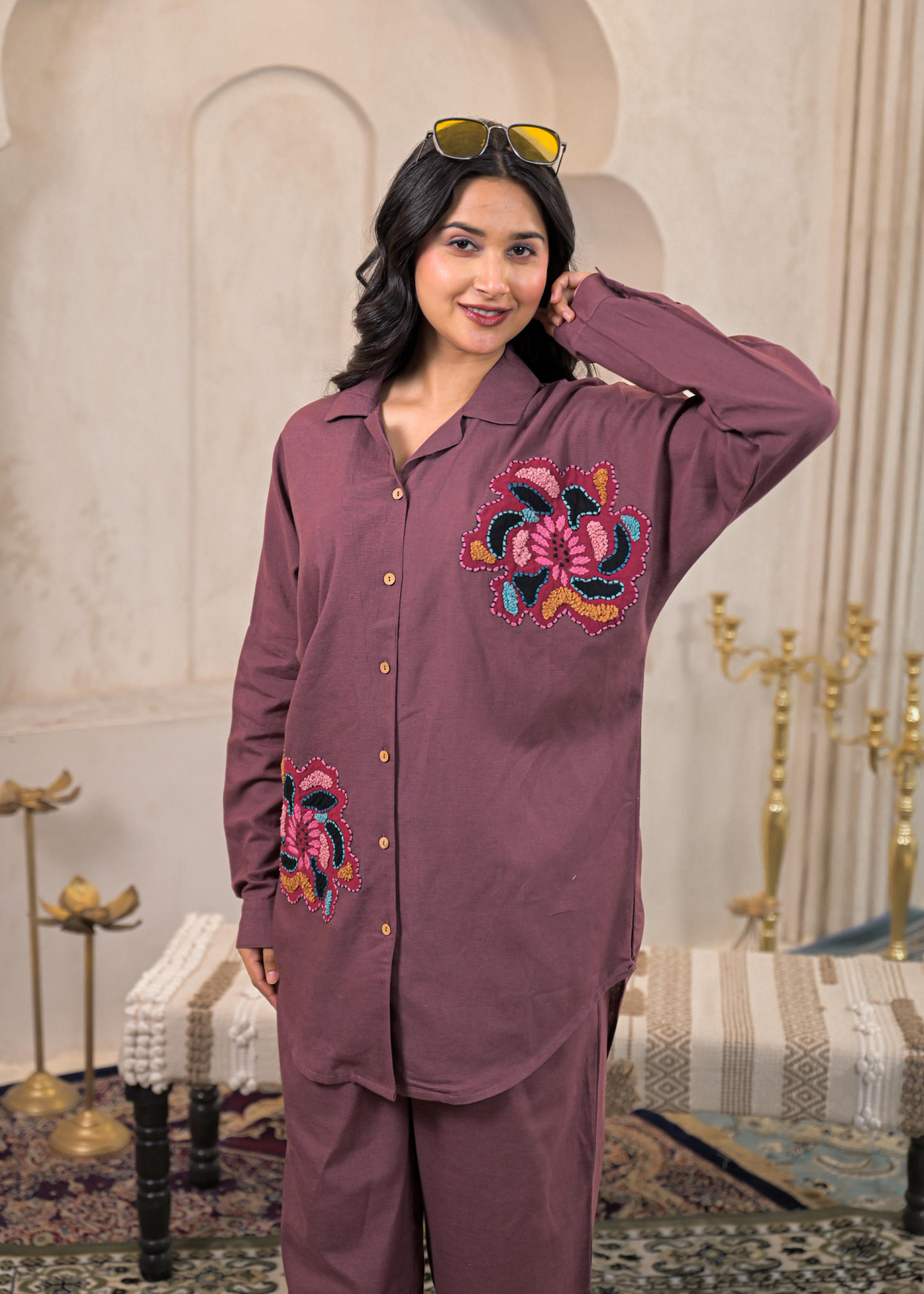 Viscose Linen Mauve Embroidered Top and Pant Co-Ord Set with Thread Work