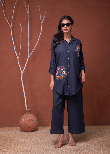 Viscose Linen Teal Embroidered Top and Pant Co-Ord Set with Thared Work