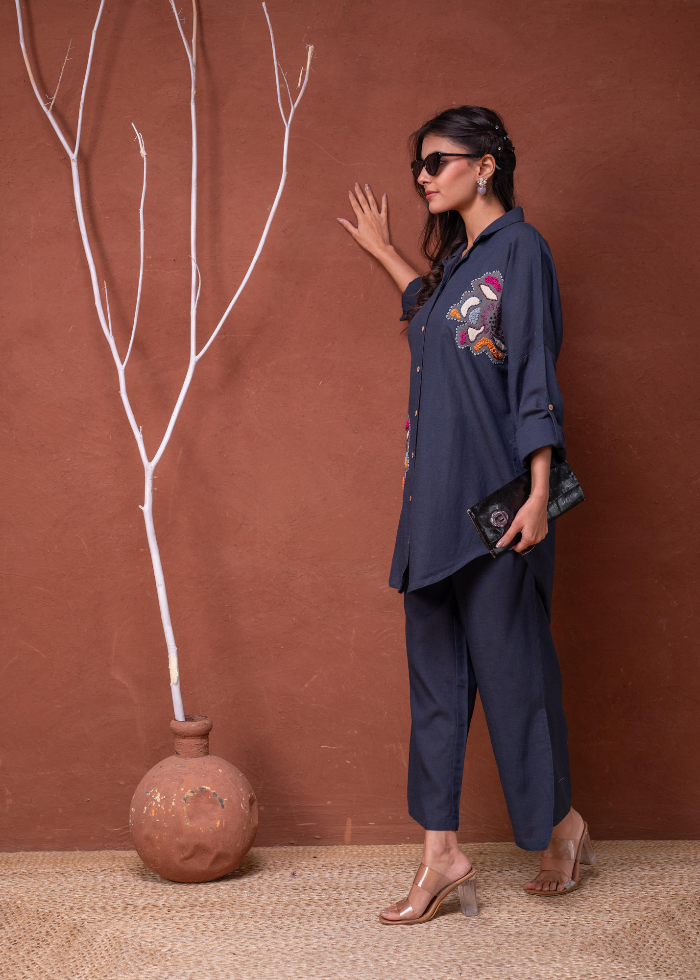 Viscose Linen Teal Embroidered Top and Pant Co-Ord Set with Thared Work