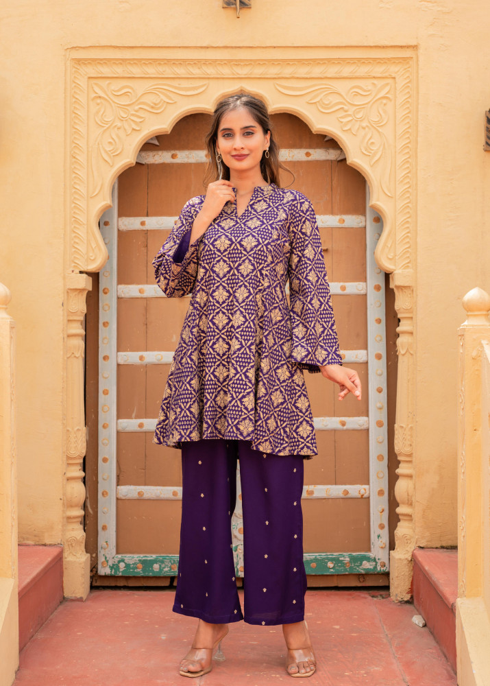 Purple Gold Geometric printed Kurta With Pants