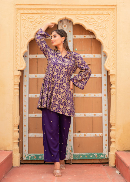 Purple Gold Geometric printed Kurta With Pants