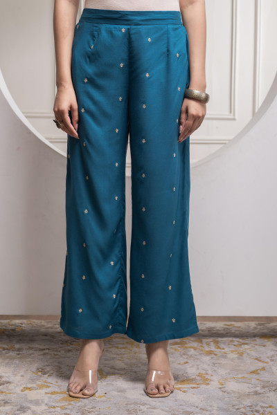 Teal Floral Printed Kurta & Solid Pants Set in 100% Viscose
