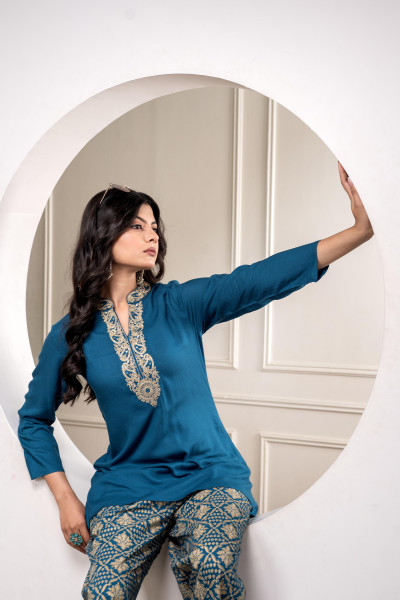 Viscose Teal Embroidered Kurta Pant Set with Zari & Mirror Work
