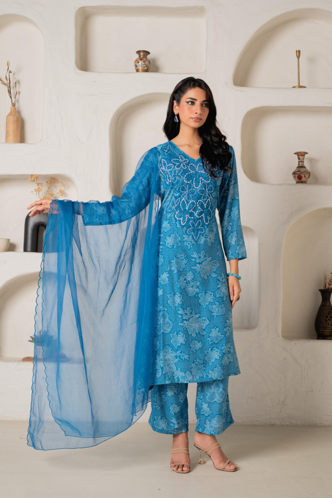Blue Floral Embellished A-Line Kurta Pant and Dupatta Set with Beads &amp; Sequence Work