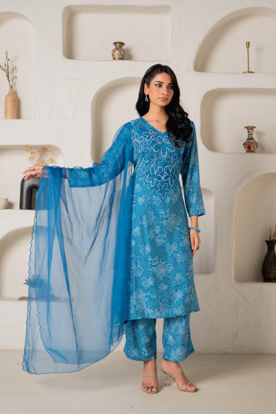 Blue Floral Embellished A-Line Kurta Pant and Dupatta Set with Beads & Sequence Work