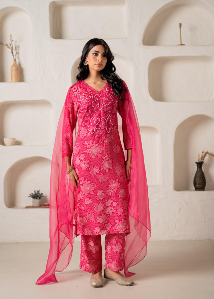 Fuchsia Floral Embellished A-Line Kurta Pant and Dupatta Set with Beads & Sequence Work