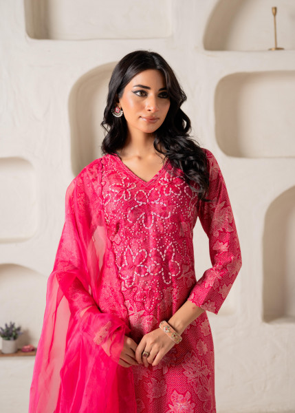 Fuchsia Floral Embellished A-Line Kurta Pant and Dupatta Set with Beads & Sequence Work