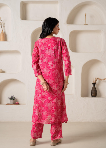 Fuchsia Floral Embellished A-Line Kurta Pant and Dupatta Set with Beads & Sequence Work