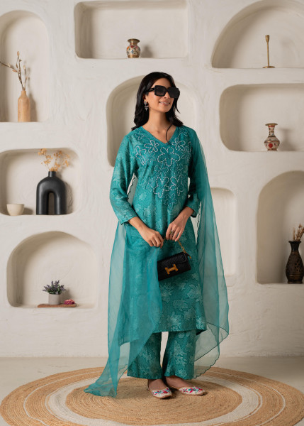 Green Floral Embellished A-Line Kurta Pant and Dupatta Set with Beads & Sequence Work