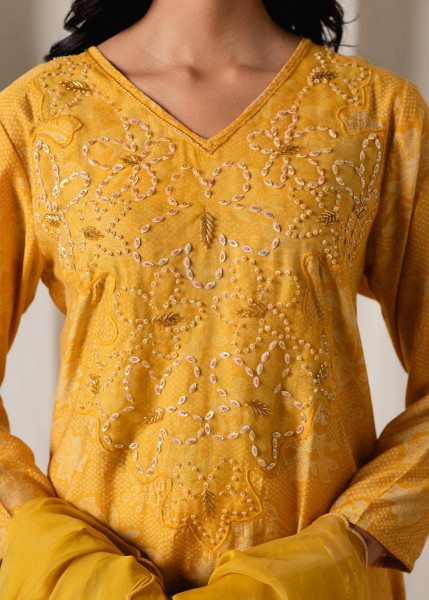 Mustard Floral Embellished A-Line Kurta Pant and Dupatta Set with Beads & Sequence Work