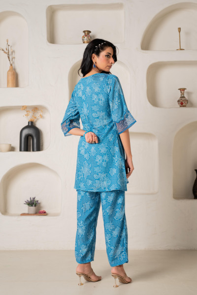 Blue Floral Embellished A-Line Kurta Pant and Dupatta Set with Beads & Sequence Work