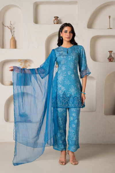 Blue Floral Embellished A-Line Kurta Pant and Dupatta Set with Beads & Sequence Work