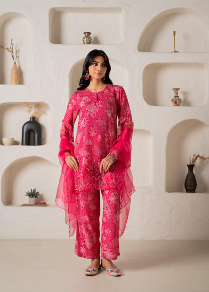 Fuchsia Floral Embellished A-Line Kurta Pant and Dupatta Set with Beads & Sequence Work