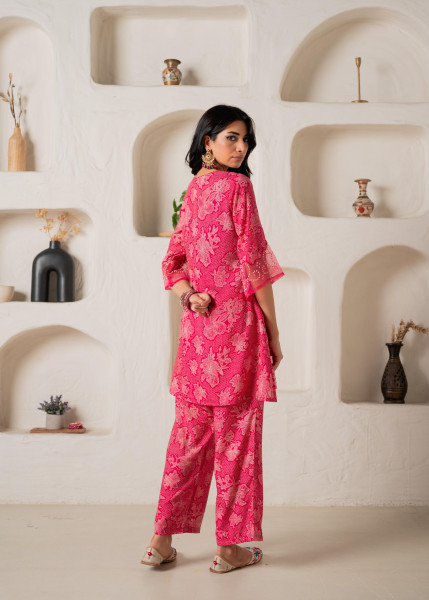 Fuchsia Floral Embellished A-Line Kurta Pant and Dupatta Set with Beads & Sequence Work