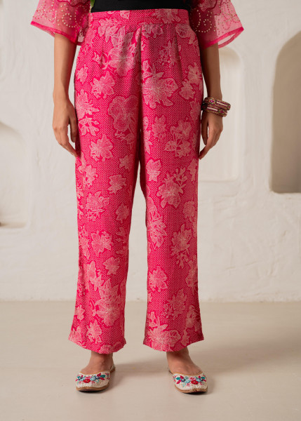 Fuchsia Floral Embellished A-Line Kurta Pant and Dupatta Set with Beads & Sequence Work