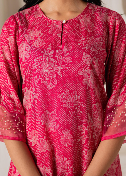 Fuchsia Floral Embellished A-Line Kurta Pant and Dupatta Set with Beads & Sequence Work