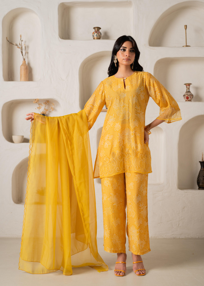 Mustard Floral Embellished A-Line Kurta Pant and Dupatta Set with Beads &amp; Sequence Work