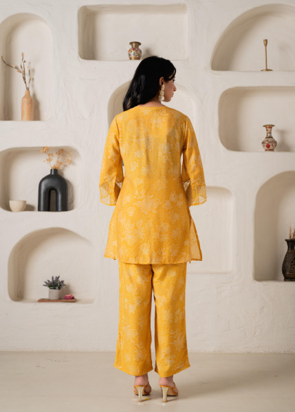 Mustard Floral Embellished A-Line Kurta Pant and Dupatta Set with Beads & Sequence Work