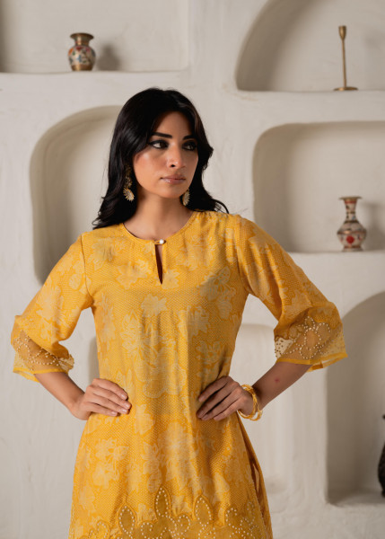 Mustard Floral Embellished A-Line Kurta Pant and Dupatta Set with Beads & Sequence Work