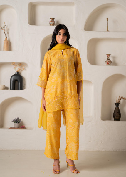 Mustard Floral Embellished A-Line Kurta Pant and Dupatta Set with Beads & Sequence Work