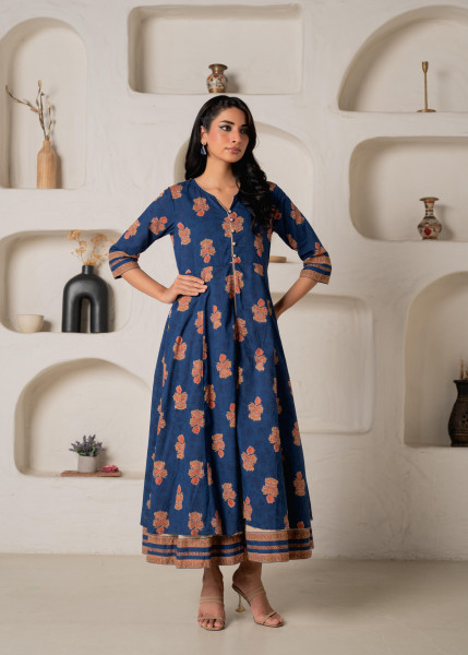 Cotton Blue Floral Printed Long Dress with Buttons
