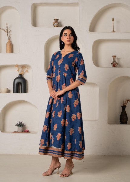 Cotton Blue Floral Printed Long Dress with Buttons