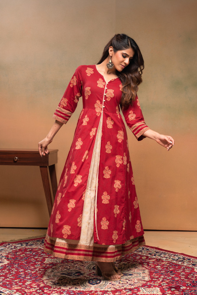 Cotton Maroon Floral Printed Long Dress with Buttons