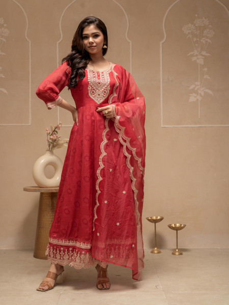 Red Floral Viscose Kurta, Pants and Dupatta Set with Mirror, Thread Work and Sequence