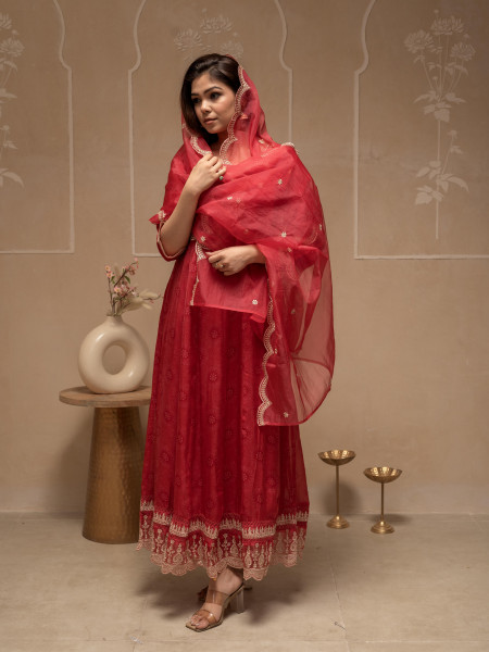 Red Floral Viscose Kurta, Pants and Dupatta Set with Mirror, Thread Work and Sequence