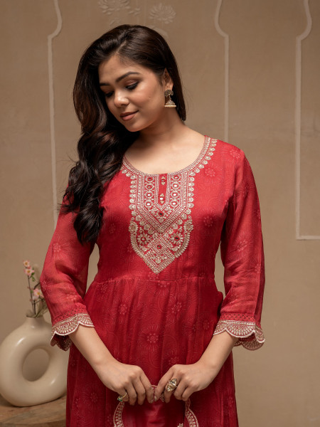 Red Floral Viscose Kurta, Pants and Dupatta Set with Mirror, Thread Work and Sequence