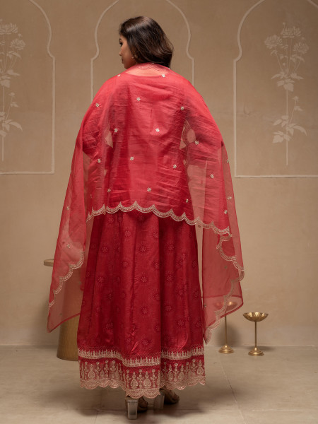 Red Floral Viscose Kurta, Pants and Dupatta Set with Mirror, Thread Work and Sequence