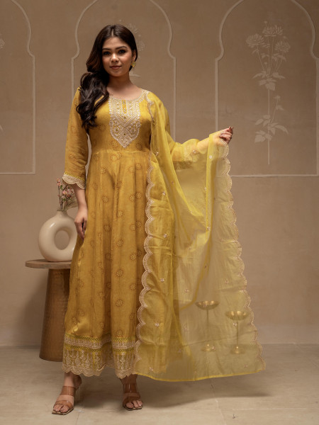 Yellow Floral Viscose Kurta, Pants and Dupatta Set with Mirror, Thread Work and Sequence
